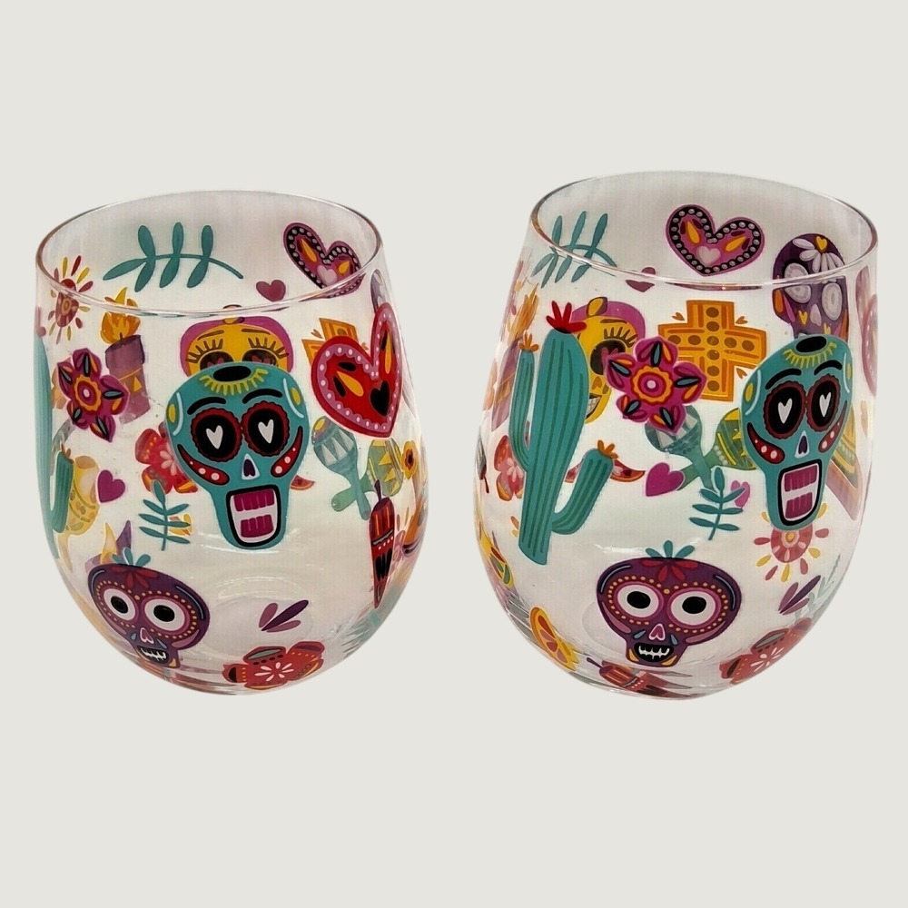 Dia de Los Muertos 21 oz. Stemless Wine Glasses Calavera Sugar Skull Festive